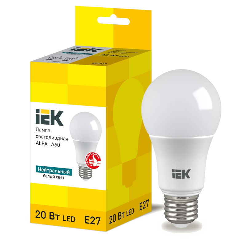 Лампа світлодіодна ІЕК A60, 20Вт, E27, 4000К (LLA-A60-20-230-40-E27)